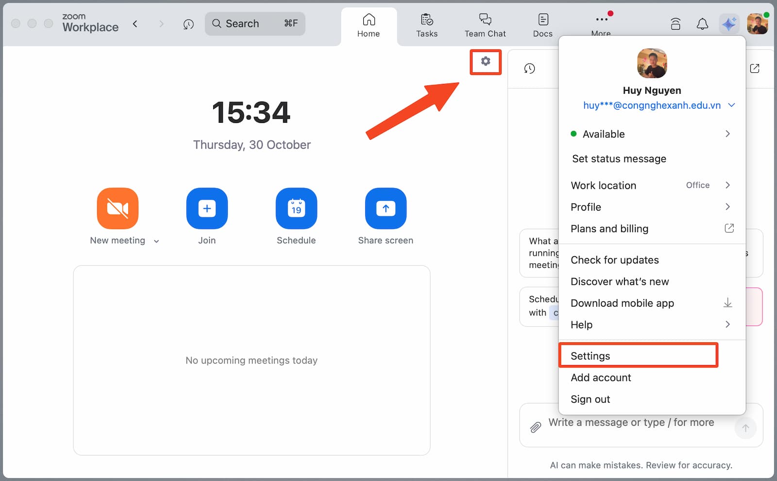 Bấm chọn cài đặt Zoom trên máy tính