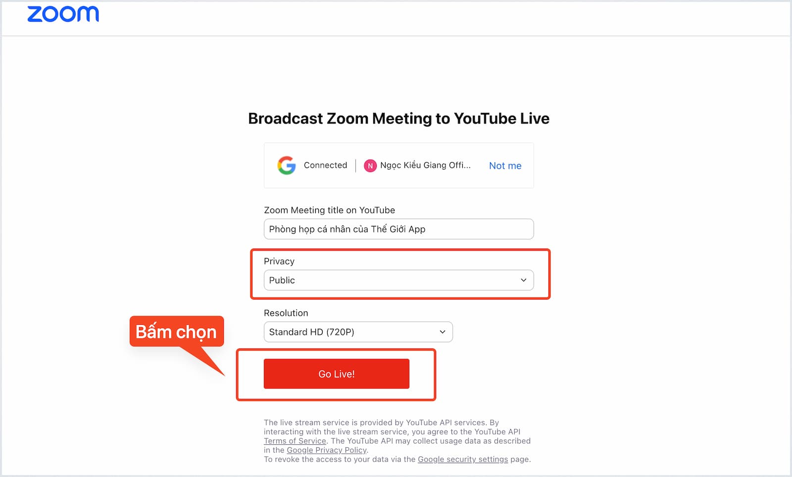 Bấm chọn Go Live để phát Youtube