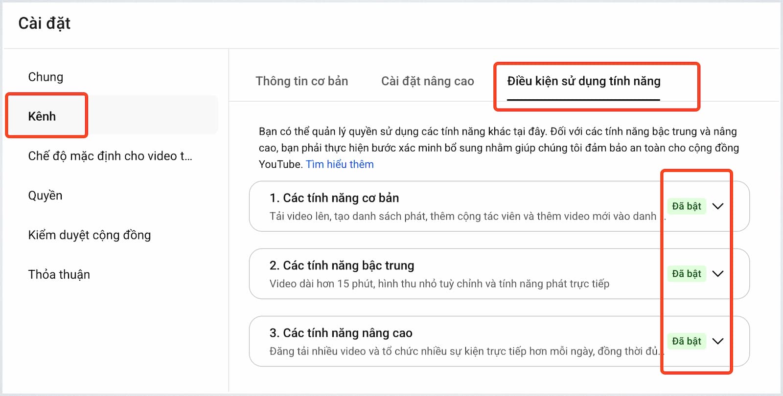 Bật đủ quyền của Youtube