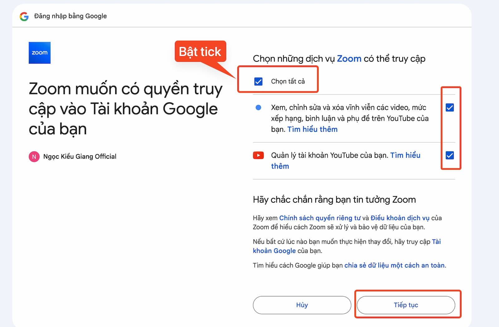 Bật tích chọn quyền phát live Zoom trên Youtube