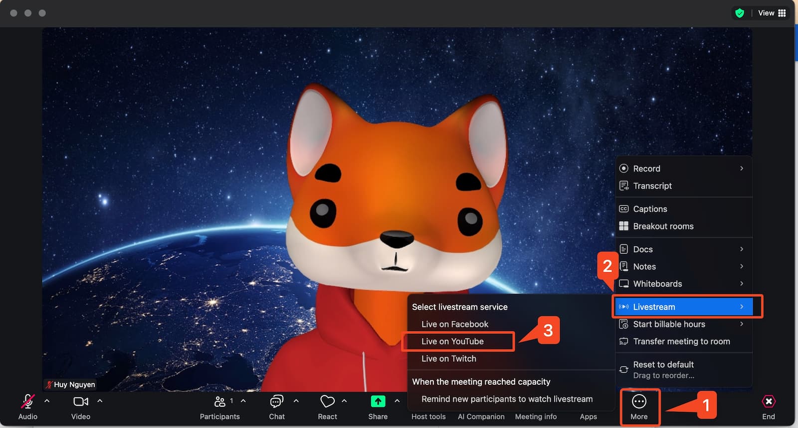 Chọn phát Live Zoom khi đang trong phòng Zoom