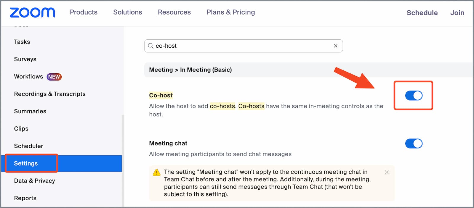 Bật Co-host trong cài đặt tài khoản zoom