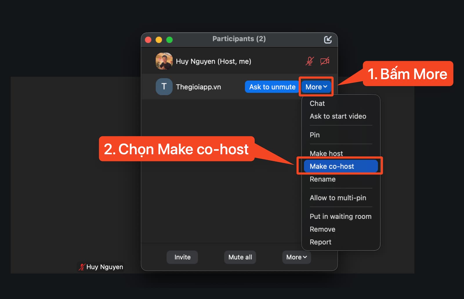Chọn Make co-host trong phòng zoom