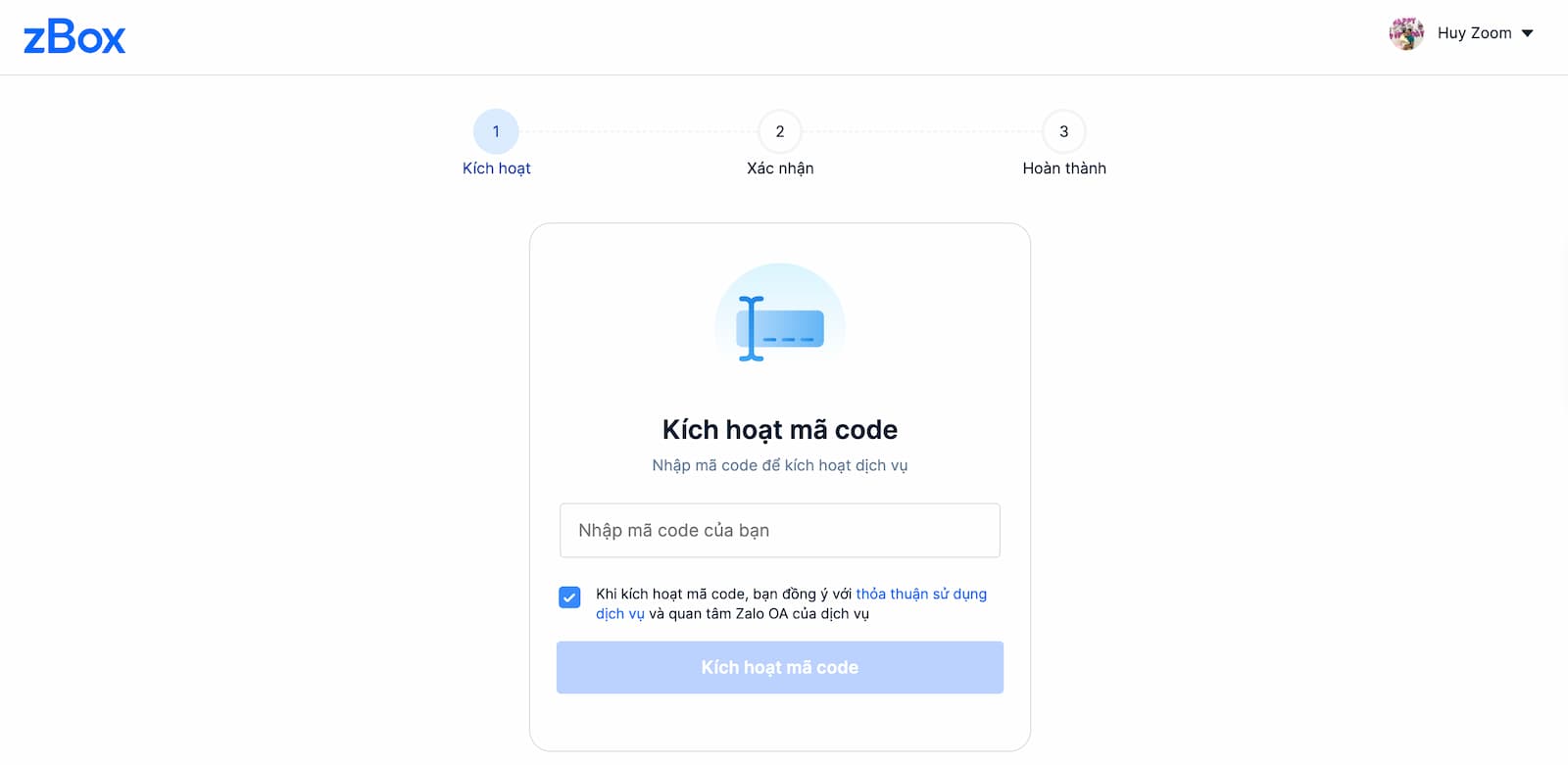 Giao diện nhập code Zalo cloud
