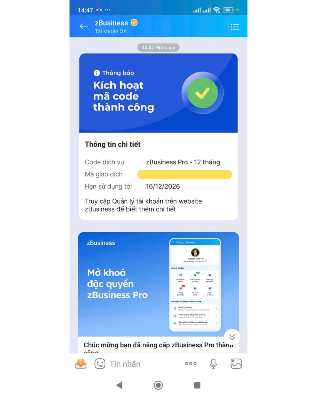 K&iacute;ch hoạt Zalo Business th&agrave;nh c&ocirc;ng