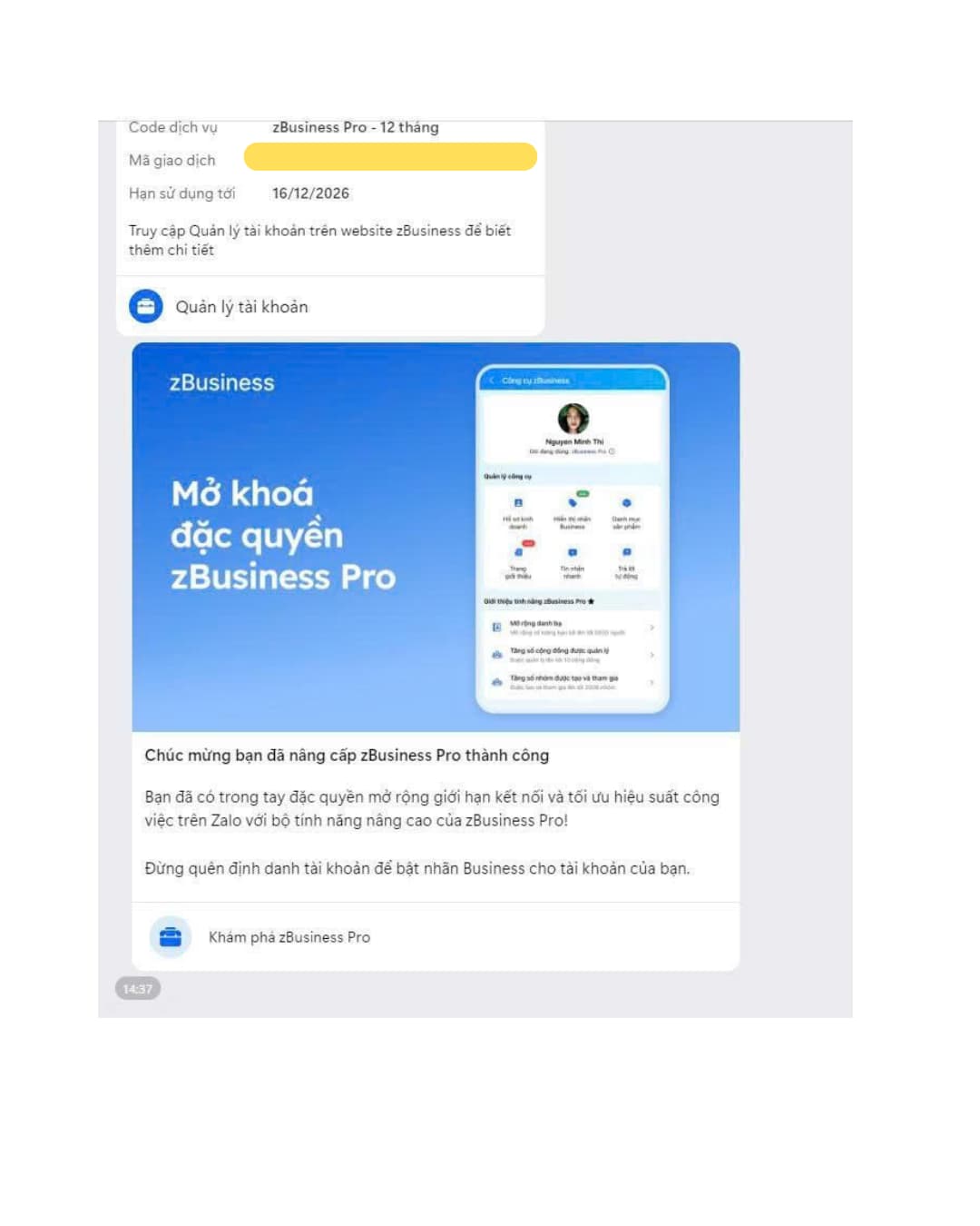 X&aacute;c nhận k&iacute;ch hoạt Zalo Business Pro
