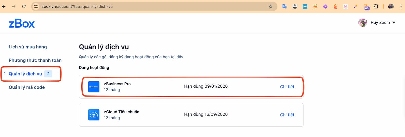Quản l&yacute; dịch vụ đ&atilde; mua của Zalo