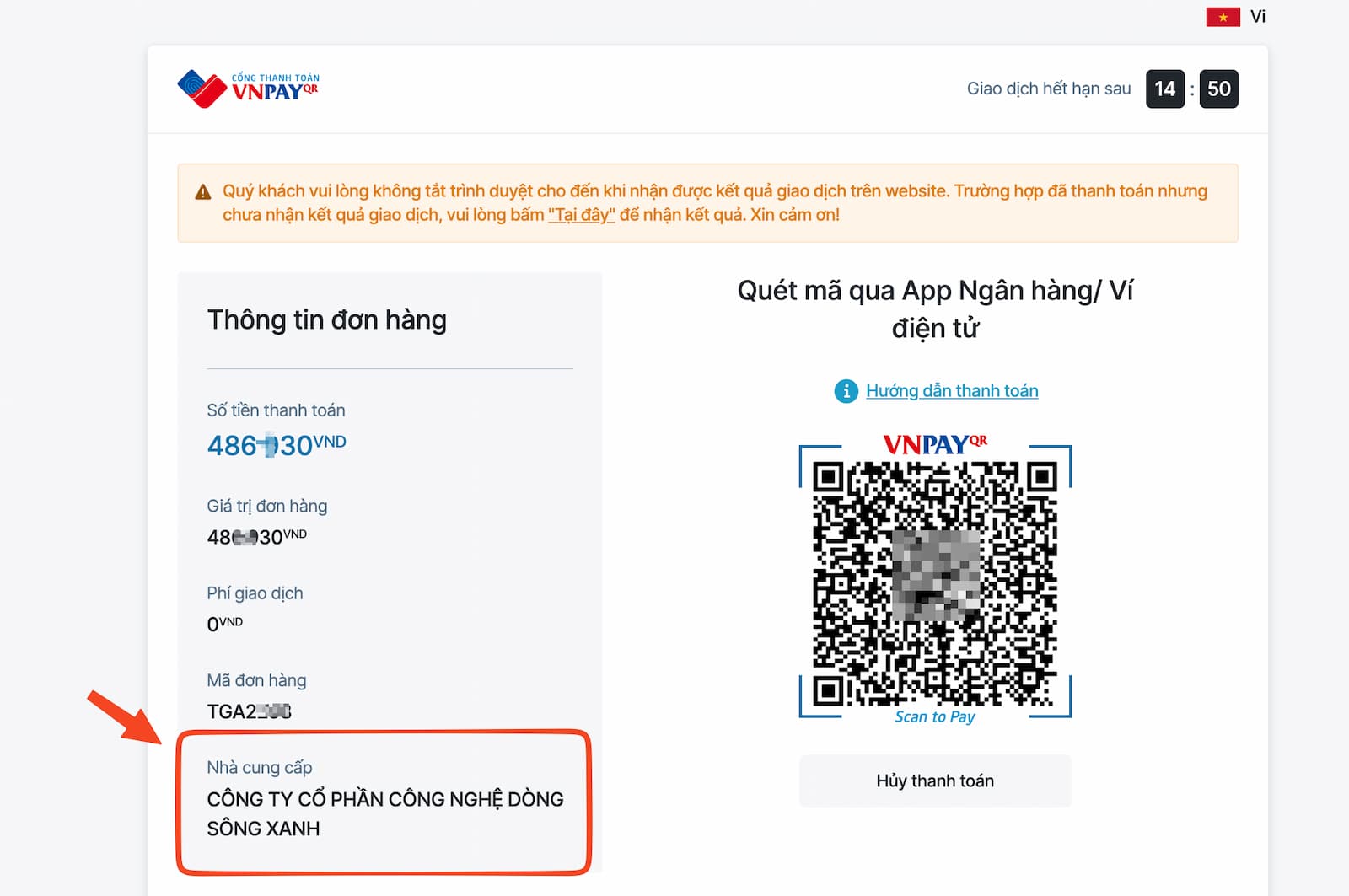 Th&ocirc;ng tin đơn h&agrave;ng hiển thị t&ecirc;n c&ocirc;ng ty khi thanh to&aacute;n qua VNPay