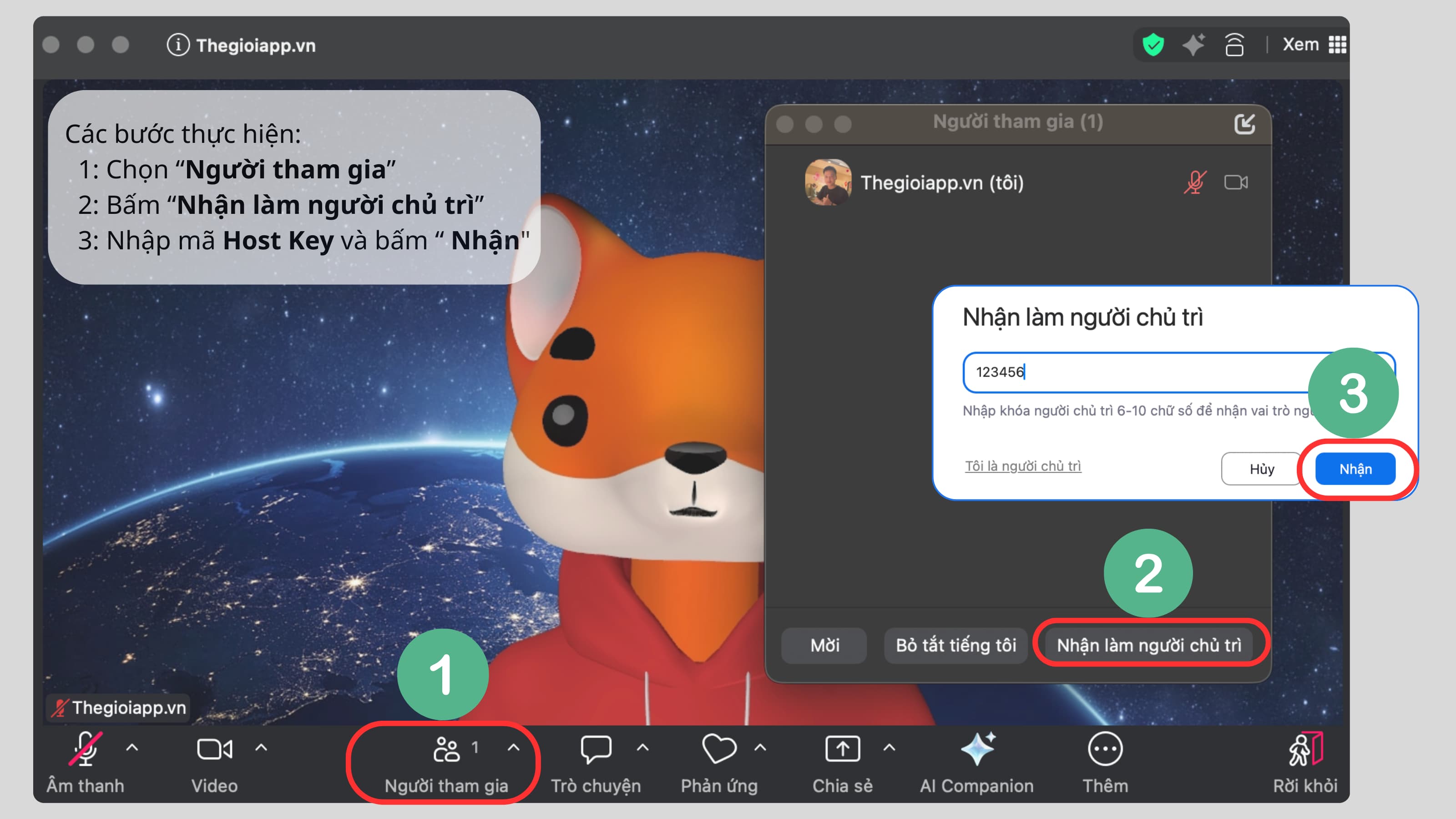 C&aacute;c bước nhập Host Key trong ph&ograve;ng Zoom