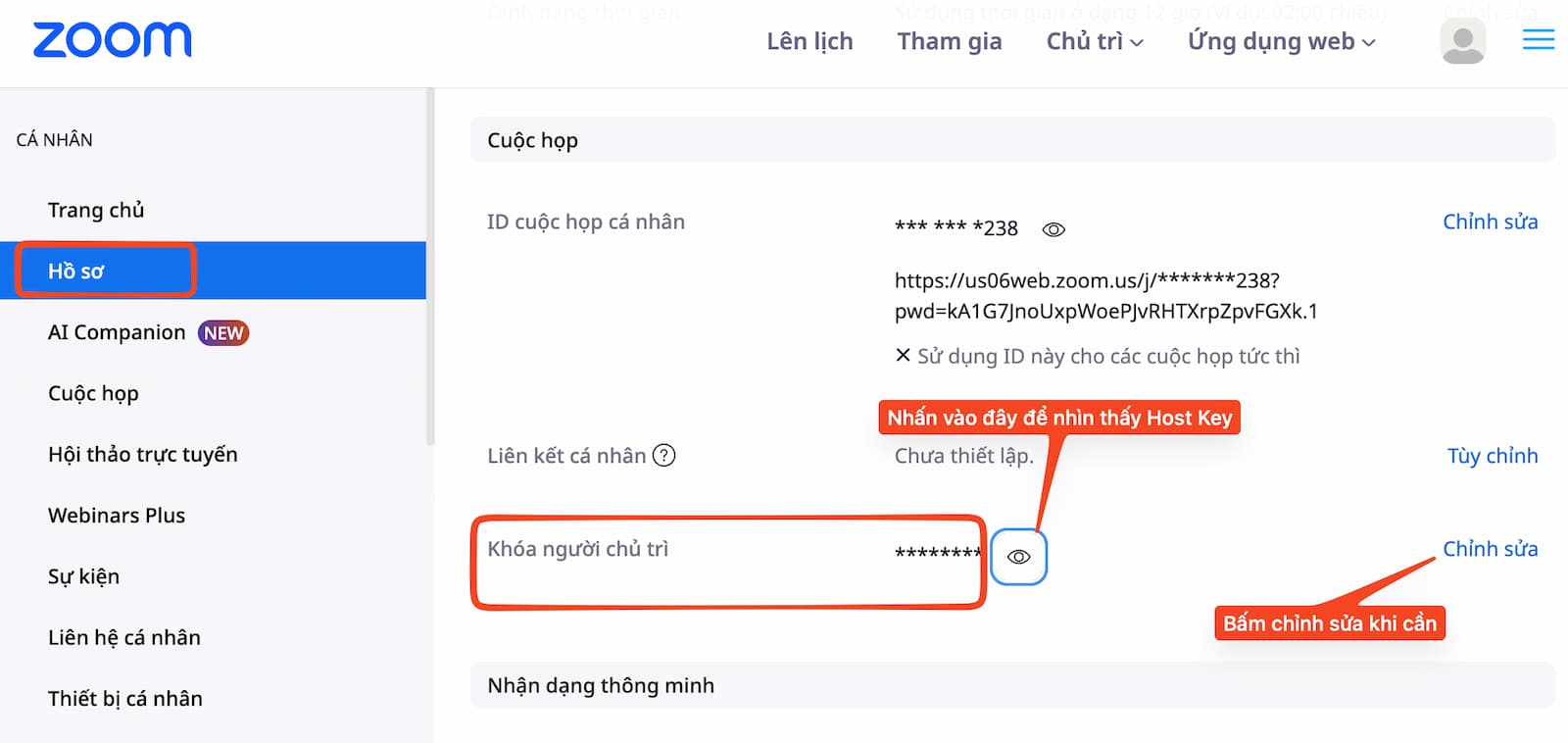 Tìm lấy Host Key trong tài khoản Zoom
