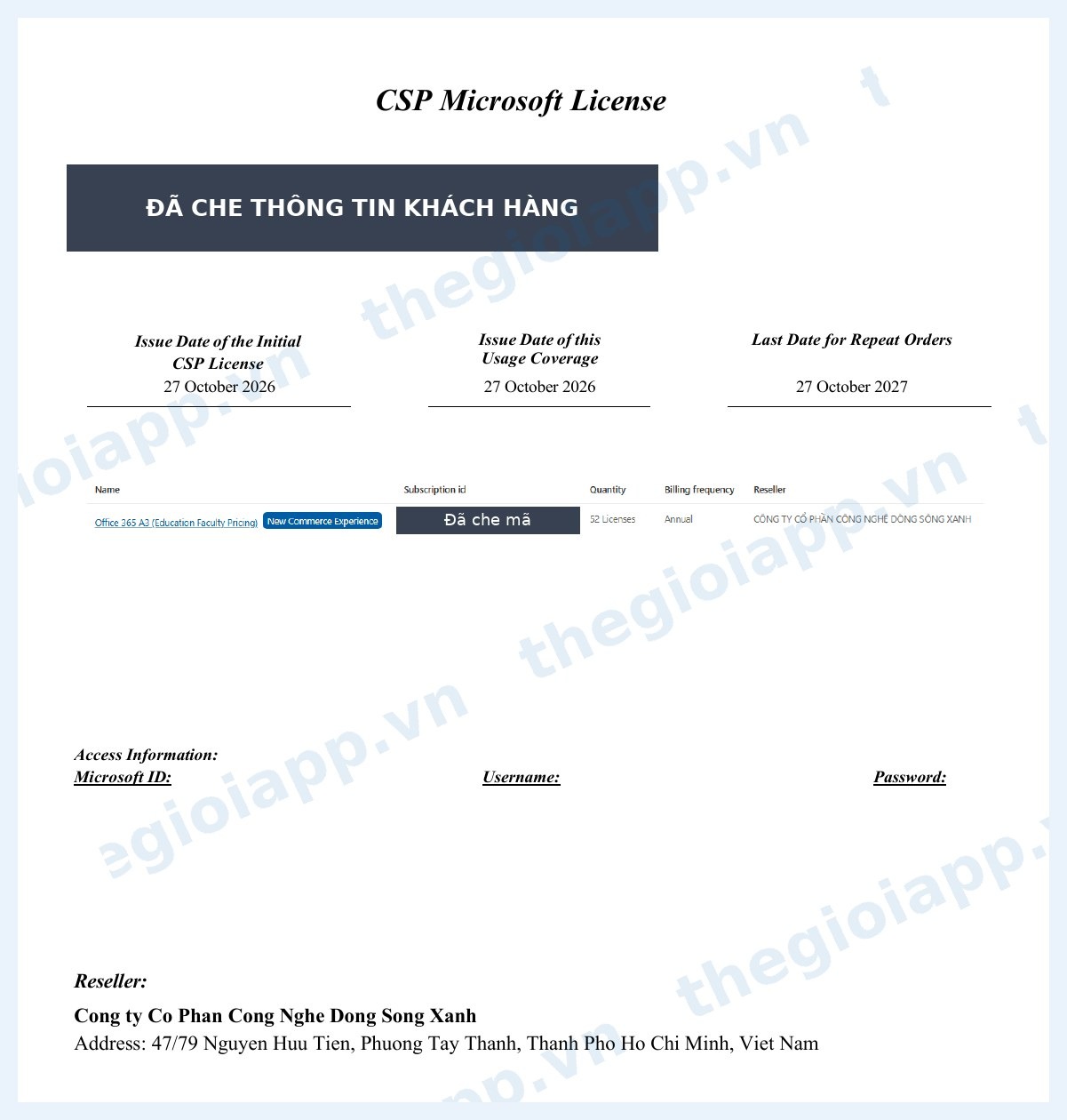 Mẫu chứng từ CSP Microsoft License bản quyền vĩnh viễn do Thegioiapp cung cấp