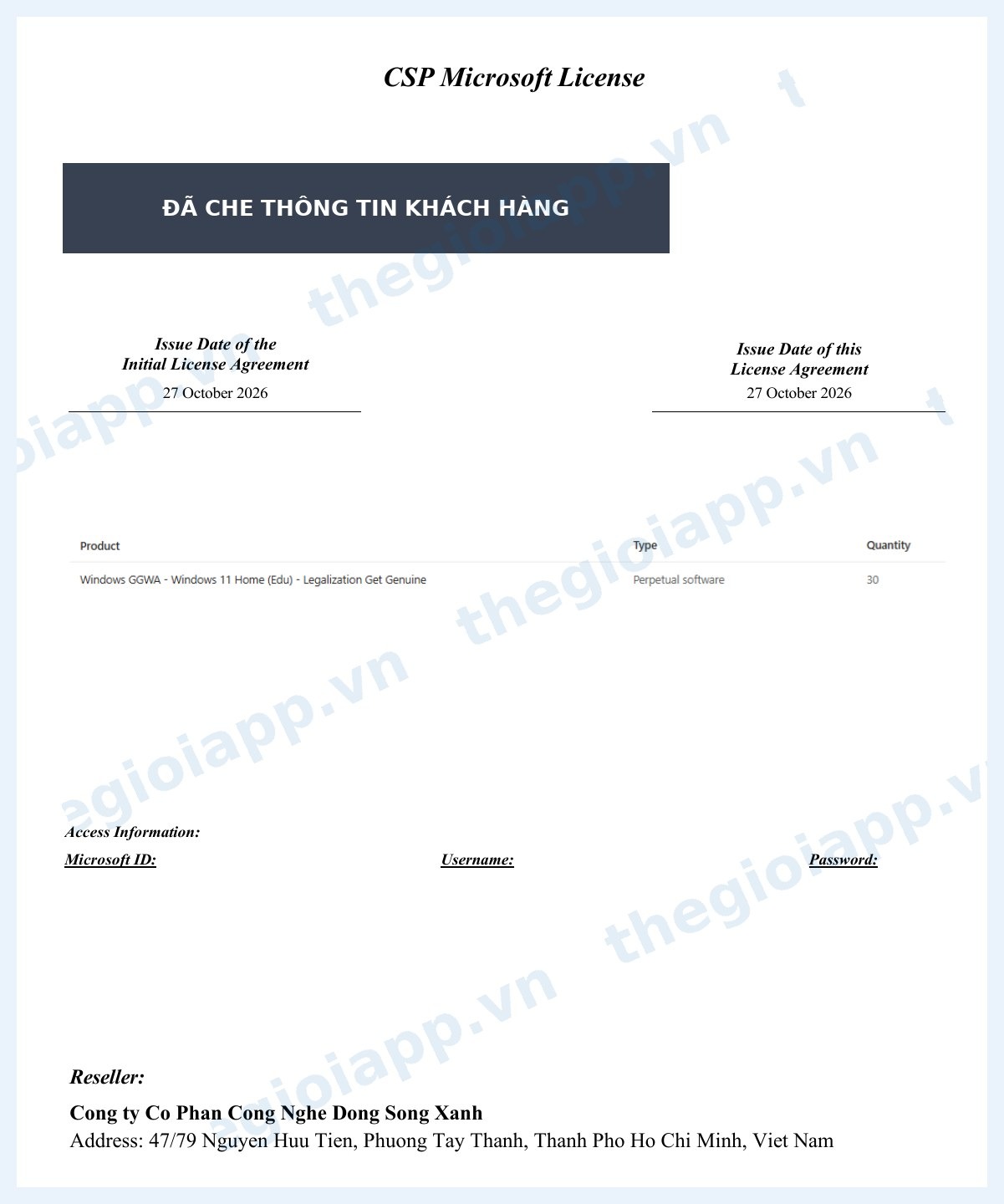 Chứng từ CSP Microsoft License Windows 11 Home (Edu) GGWA Thegioiapp b&agrave;n giao cho trường học
