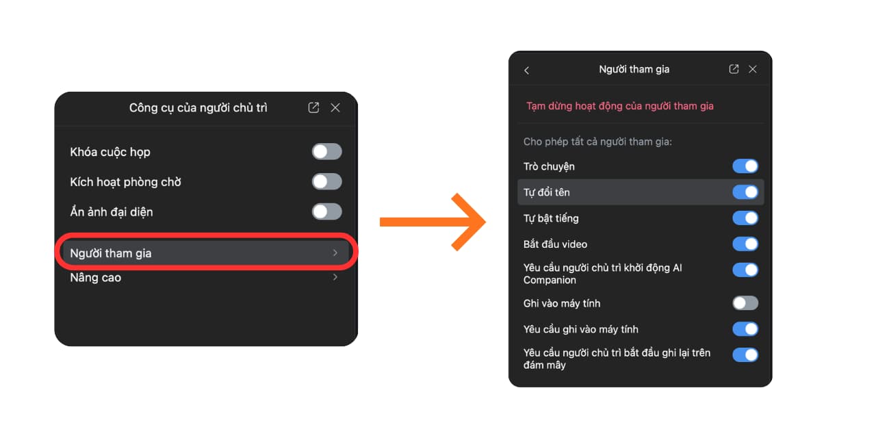 Cài đặt người tham gia zoom